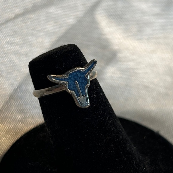 Silver Bull Head Ring with Blue Enamel - Picture 1 of 3